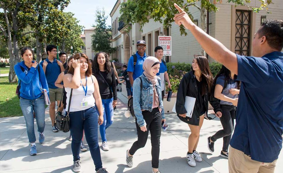 group of students tour campus